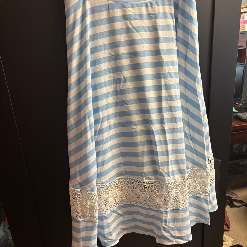 Blue and White Striped Dress with Lace Trim